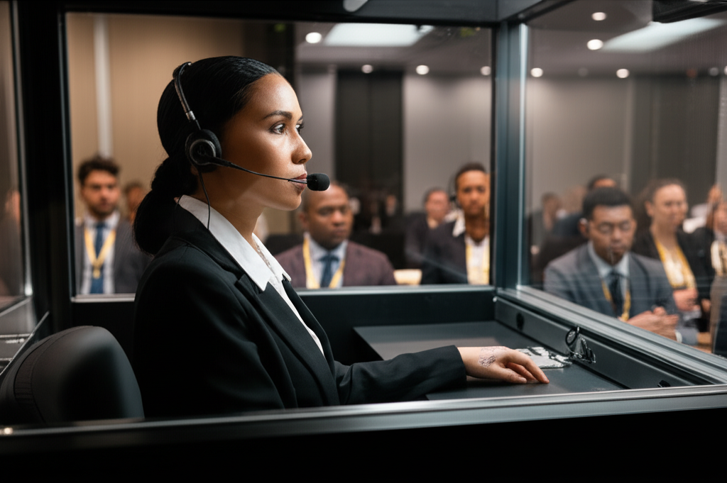 Jurubahasa profesional sedang bertugas di acara korporat antarabangsa