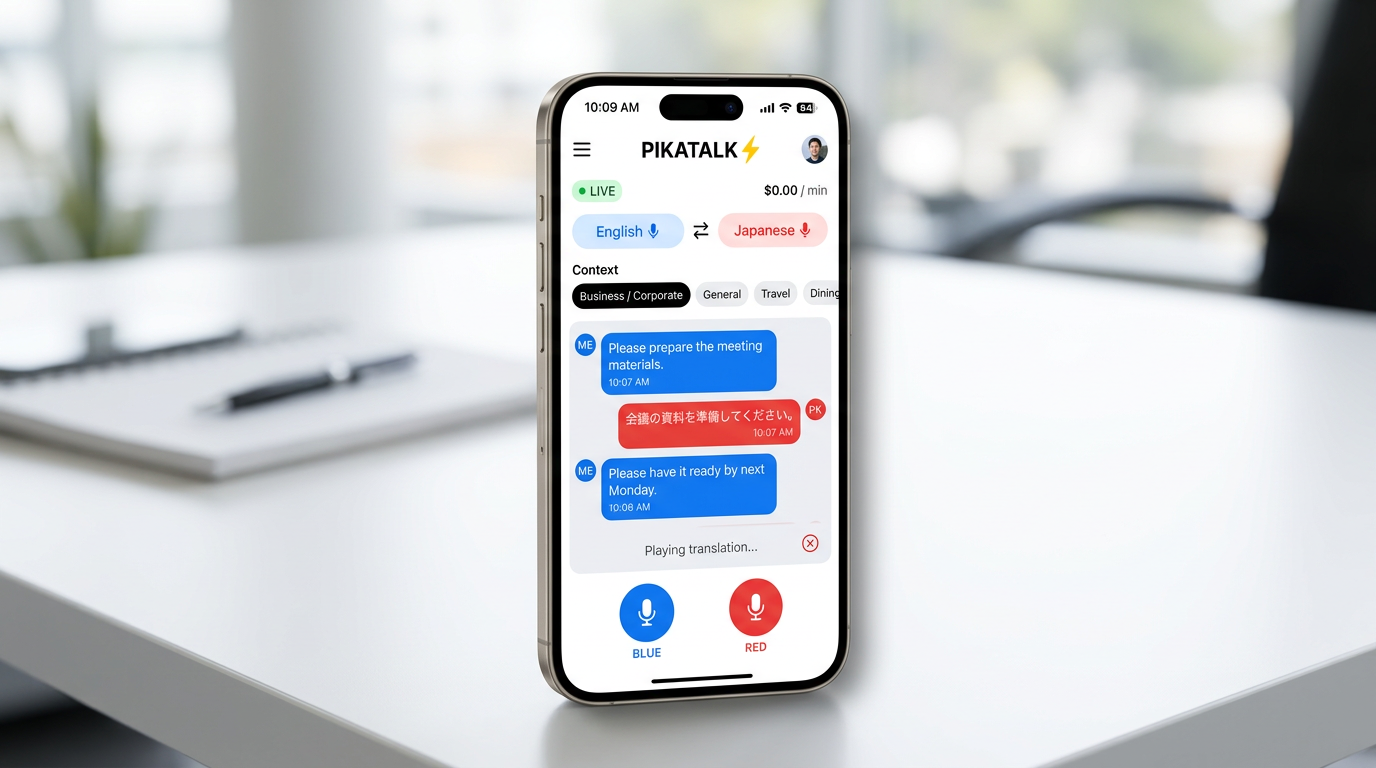 PikaTalk app interface showing Japanese-Malay translation on iPhone