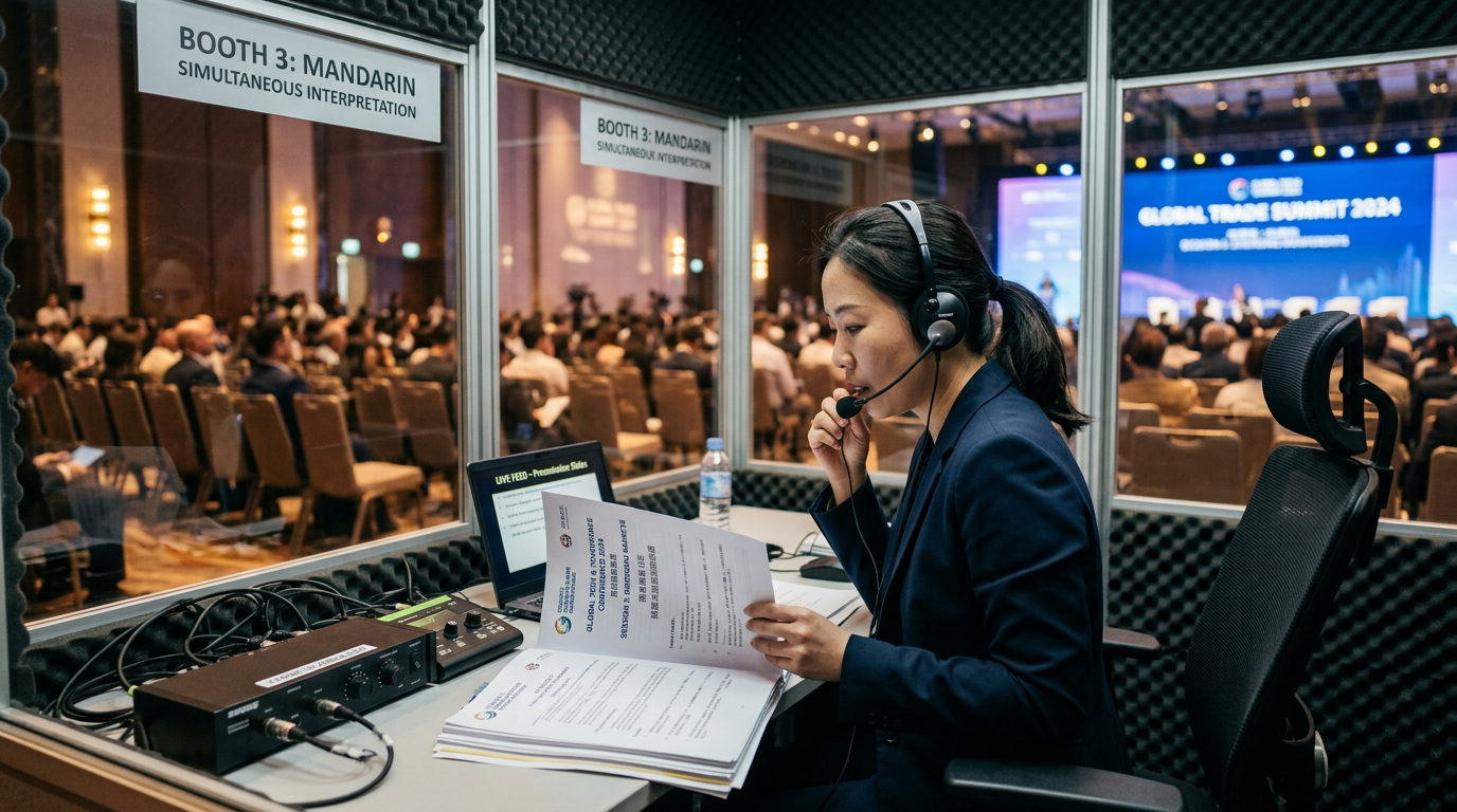 Penterjemahan serentak di persidangan Malaysia - jurubahasa di dalam booth